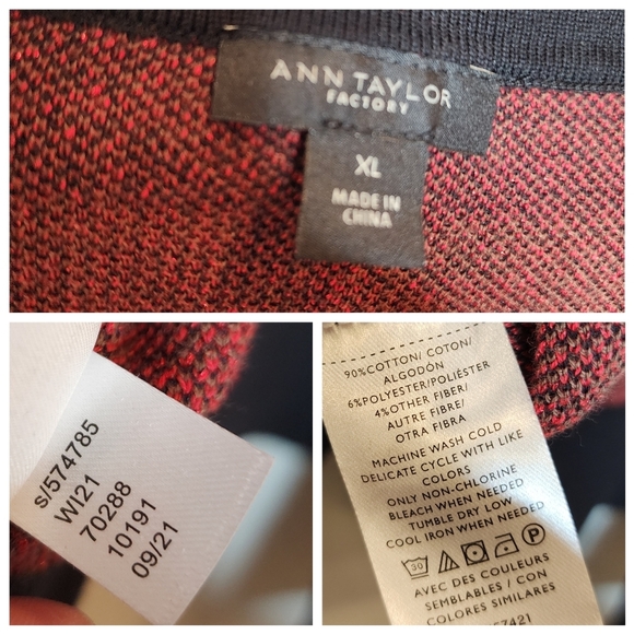 Ann Taylor Metallic Red Black Brown Plaid Button Knit Sweater Cardigan Cotton XL - Picture 5 of 16